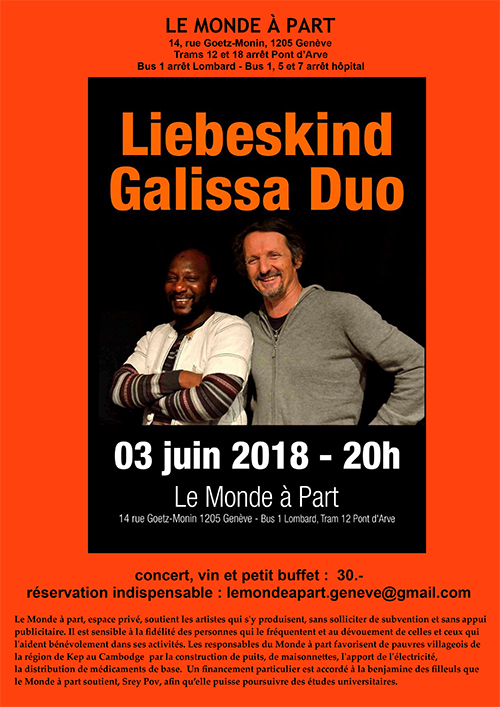 “Liebeskind Galissa duo” Marc LIEBESKIND, guitare et Ibra GALISSA, kora dimanche 3 juin 2018 à 20 heures concert, vin et petit buffet : 30.-