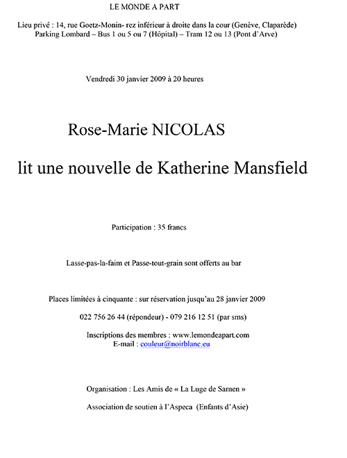 « Rose-Marie NICOLAS lit une nouvelle de Katherine Mansfield» 