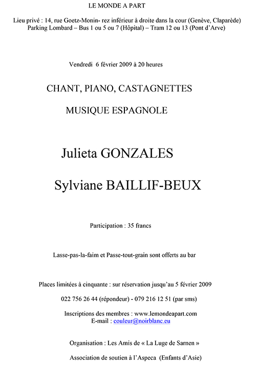 « CHANT, PIANO, CASTAGNETTES MUSIQUE ESPAGNOLE » Julieta GONZALES, Sylviane BAILLIF-BEUX