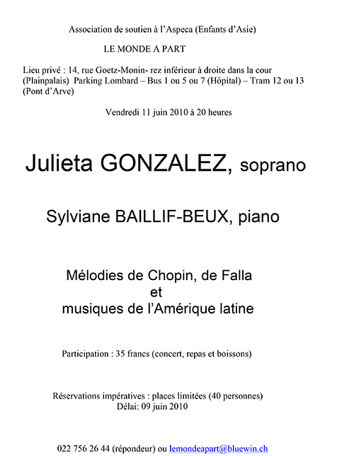 « Mélodies de Chopin, de Falla et musiques de l'Amérique latine » Sylviane BAILLIF-BEUX, piano 