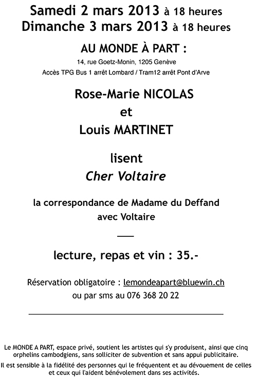 «La correspondance de Madame du Deffand avec Voltaire» lecture Rose Marie Nicolas et Louis Martinet