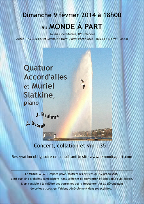 « Quatuor Accord'ailes et Muriel Slatkine, piano »  dimanche 9 février 2014 à 18h00