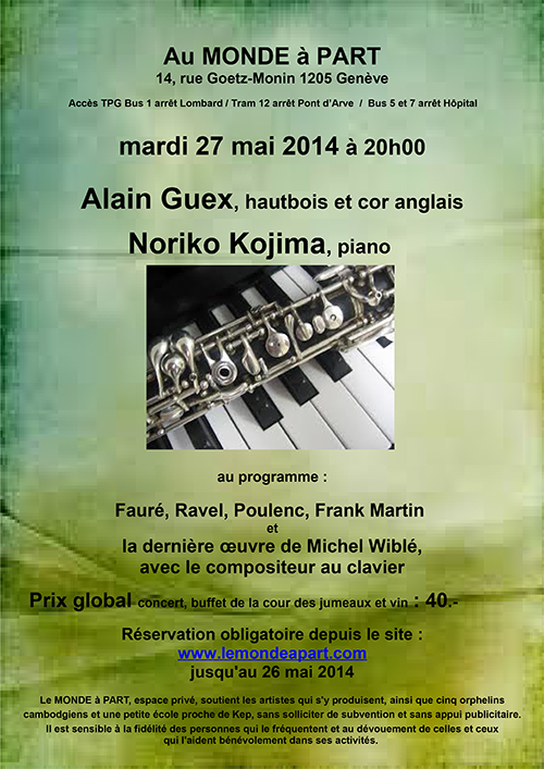 « Alain Guex, hautbois et cor anglais, Noriko Kojima, piano »  mardi 27 mai 2014 à 20H00