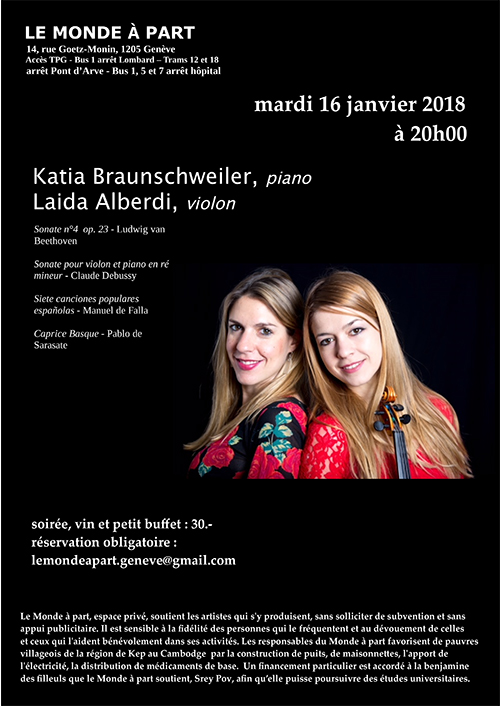 Katia Braunschweiler, piano Laida Alberdi, violon mardi 16 janvier 2018 à 20 heures concert, vin et petit buffet : 30.-