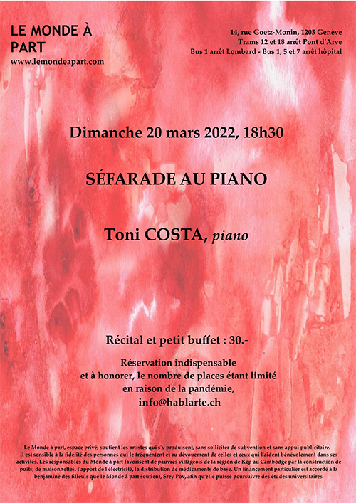 SÉFARADE AU PIANO Toni COSTA, piano  Dimanche 20 mars 2022, 18h30
