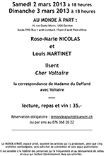 «La correspondance de Madame du Deffand avec Voltaire» lecture Rose Marie Nicolas et Louis Martinet