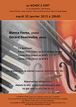 Concert Bianca FAVEZ, violon et Gérard DESMEULES, piano mardi 20 janvier 2015 à 20h00