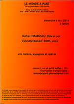 “Michel TIRABOSCO, flûte de pan et Sylviane BAILLIF-BEUX, piano” dimanche 6 mai 2018 à 18 heures concert, vin et petit buffet : 30.-