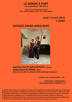 Nathalie CHATELAIN GEOFFRAY, harpe Abdessamad ELAZRAK, flûte   jeudi 12 avril 2018 à 20 heures   concert, vin et petit buffet : 30.-