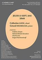 JEUDI 13 SEPT. 2018 20h00 Catherine LOEW, chant Gérard DESMEULES, piano
