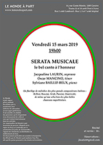 “SERATA MUSICALE” le bel canto à l’honneur Jacqueline LAURIN, soprano ; Oscar MANCINO, ténor ; Sylviane BAILLIF-BEUX, piano Vendredi 1er février 2019 à 19 heures Concert et verrée : 30.-