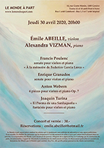 Émile ABEILLE, violon et Alexandra VIZMAN, piano Jeudi 30 avril 2020 à 20 heures Concert et verrée : 30.-